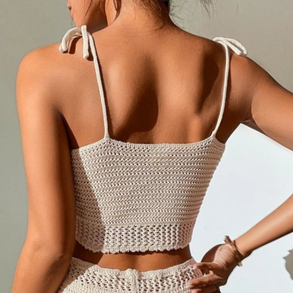 2 piece set Lace Up detailed Cami Knit Crochet Top & Drawstring Waist Sh… - Picture 5 of 8